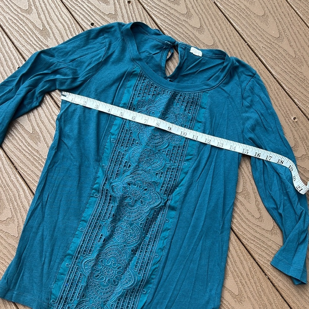 J Crew teal Celtic boho embroidered 3/4 sleeves top SZ XS - Picture 5 of 7